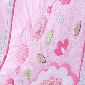 Wowelife Flower Crib Bedding Set Pink Birds Playing 7 Piece Baby Crib Sets with 4 Bumper Pads(Pink-7 Piece)