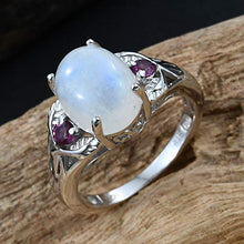 Load image into Gallery viewer, 925 Sterling Silver Platinum Plated Rainbow Moonstone Rhodolite Garnet Statement Ring Size 8
