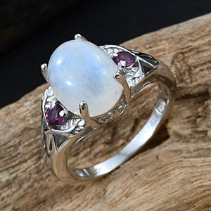 925 Sterling Silver Platinum Plated Rainbow Moonstone Rhodolite Garnet Statement Ring Size 8