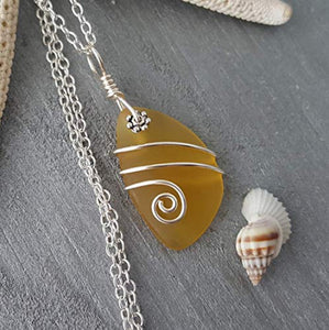 Handmade in Hawaii, Wire Wrapped Yellow Topaz"November Birthstone Color" sea glass necklace, (Hawaii Gift Wrapped, Customizable Gift Message)