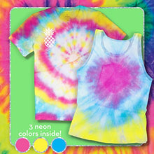 Load image into Gallery viewer, Just My Style Neon Tropics Tie-Dye Kit by Horizon Group USA, Create 15 DIY Tie Dye Projects. Kit Includes Gloves, Color Mixing Bottles, Neon Dyes, Rubber Bands + One Iron On Tropical Design
