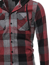 Load image into Gallery viewer, Plaid Flannel Long Sleeves Button Closure Hoodie Shirt Burgundy Black XL
