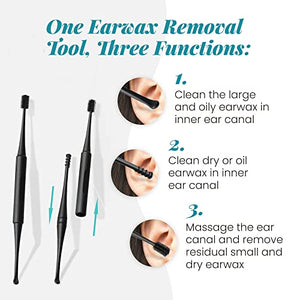 WAXIWAY Q-Grips Ear Wax Remover Kit | 3-in-1 Ear Cleaner + Silicone Ear Wax Removal Tool w/ 16 Replacement Ear Cleaner Spiral Tips | Reusable Q Grip Earwax Removal Kit Safe for Adults, Kids & Toddlers