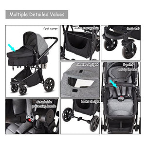 Costzon Infant Stroller, 2-in-1 Convertible Bassinet, Foldable Baby Carriage with Foot Cover, 5-Point Harness, Adjustable Recliner, Handlebar, Large Storage Basket (Gray)