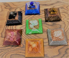 Load image into Gallery viewer, 7 mini pyramids for self-care, harmony, meditation, yoga, spirituality, crystal decor, balance workspace made of Orange calcite, Shungite, Lapis, Quartz Crystal, Chrysoprase, Bronzite, Rhodonite
