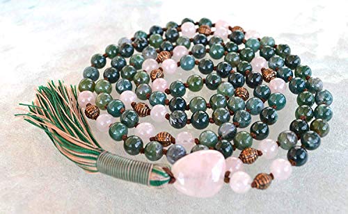 Energized Natural 108 Moss Agate Mala Beads Necklace, 8 mm Bracelet, Dark Green Moss Agate, Mala Bead, Stretch Bracelet, Heart Chakra, Hand Knotted Wrap Mala (Knotted Moss Agate & Rose Quartz Mala)