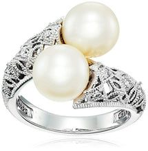 Load image into Gallery viewer, J&#39;ADMIRE Platinum Plated Sterling Silver Made with Swarovski Zirconia Antique Bypass and Freshwater Cultured Pearl Ring, Size 7
