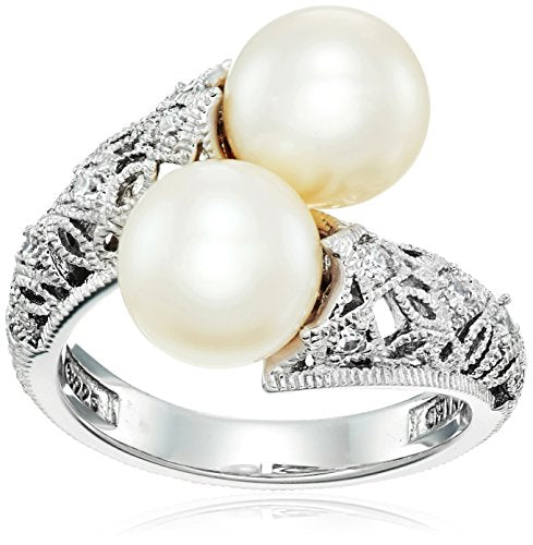 J'ADMIRE Platinum Plated Sterling Silver Made with Swarovski Zirconia Antique Bypass and Freshwater Cultured Pearl Ring, Size 7