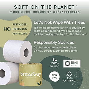 Betterway Bamboo Toilet Paper 3 PLY - Eco Friendly, Sustainable Toilet Tissue - 12 Double Rolls & 360 Sheets Per Roll - Septic Safe - Organic, Plastic Free, Compostable & Biodegradable - FSC Certified