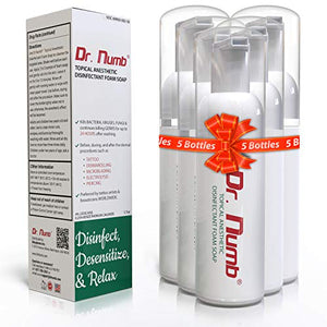 Dr Numb Topical Anesthetic Foaming Soap - Dr Numb 4% Lidocaine Soap - Skin Numbing Anesthetic Wash for Tattoo and Piercing Aftercare, Microblading, Electrolysis and More 1.7 Oz (5 Bottles)