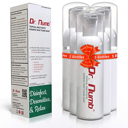 Dr Numb Topical Anesthetic Foaming Soap - Dr Numb 4% Lidocaine Soap - Skin Numbing Anesthetic Wash for Tattoo and Piercing Aftercare, Microblading, Electrolysis and More 1.7 Oz (5 Bottles)
