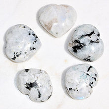 Load image into Gallery viewer, Zenergy Gems Selenite Charged Hand-Carved Natural Rainbow Moonstone Pocket Puffy Heart/Palm Heart/Worry Stone + Baby Selenite Puffy Heart Charging Crystal [Included]
