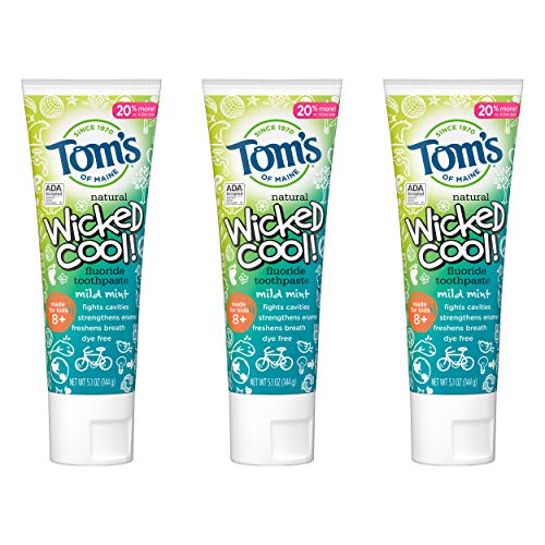 Tom's of Maine ADA Approved Wicked Cool! Fluoride Kid's Toothpaste, Natural Toothpaste, Dye Free, No Artificial Preservatives, Mild Mint, 5.1 oz. 3-Pack