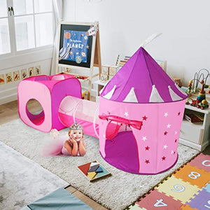 Gift for Girls, Princess Tent with Tunnel, Kids Castle Playhouse & Princess Dress up Pop Up Play Tent Set, Toddlers Toy Birthday Gift Present for Age 3 4 5 6 7 Years, Glow in The Dark Stars, Indoor