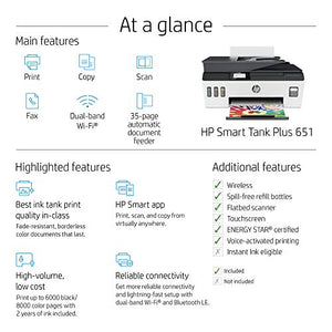 HP Smart Tank Plus 651 Wireless All-in-One Ink Tank Printer, up to 2 Years of Ink in Bottles, Auto Document Feeder, Mobile Print, Scan, Copy, Works with Alexa (7XV38A)