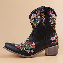Load image into Gallery viewer, Fullwei Cowboy Booties for Women,Women Embroidery Cowgirl Wide Combat Ethnic Ankle Boot Ladies Casual Pull-Up Western Low Heels Short Motorcycle Riding Walking Shoe (Black, 9)
