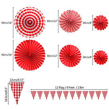 Load image into Gallery viewer, Red and White Checkered Gingham Pennant Banner with Hanging Paper Fans Set for Picnic BBQ Birthday Wedding Party Decoration
