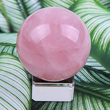 Load image into Gallery viewer, 50mm Natural Carved Rose Quartz Ball Healing Crystal Sphere with Glass Base
