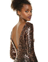 Load image into Gallery viewer, Dress the Population Women's Emery Long Sleeve Stretch Sequin Midi Sheath, Copper/Black, L
