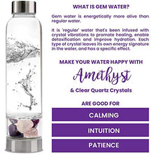 Load image into Gallery viewer, Crystal Water Bottle Elixir Set | Includes Authentic Amethyst &amp; Clear Quartz Crystals And Healing Stones | Black Neoprene Sleeve | Drink Gem Infused Water On The Go
