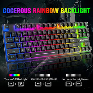 Wireless Gaming Keyboard Mouse and Wired Headphone with Ergonomic 87 Key Rainbow Backlight Rechargeable 3800mAh Battery Mechanical Feel Anti-ghosting Mouse pad for PC Laptop Gamer Typist(Black RGB)