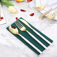 Load image into Gallery viewer, WDF 90Pieces Gold Plastic Silverware-Gold Plastic Cutlery with White Handle- Heavyweight Disposable Flatware Include 30Forks, 30 Spoons, 30 Knives
