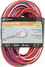 Load image into Gallery viewer, Southwire 2549 100-Feet, Contractor Grade, 12/3, Lighted End Red White and Blue, American Made, Indoor and Outdoor Use, Water Resistant Flexible Jacket Extension Cord

