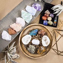 Load image into Gallery viewer, Beverly Oaks Premium Healing Crystals 21 Piece Kit - 7 Tumbled Chakra Stones, 7 Raw Crystals, Peacock Ore, Crystal Geode, Pyrite, Honey Calcite, Aragonite, Selenite Stone + Bonus Chakra Tower
