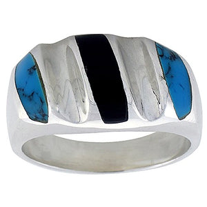 Sterling Silver Black Obsidian & Reconstituted Turquoise Ring for Men Oval Concave Stripes Solid Back Handmade, Size 10