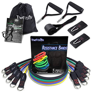 TheFitLife Exercise Resistance Bands with Handles - 5 Fitness Workout Bands Stackable up to 110 lbs, Training Tubes with Large Handles, Ankle Straps, Door Anchor Attachment, Carry Bag and Bonus eBook
