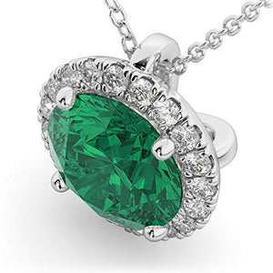 (2.29ct) 14k White Gold Halo Round Emerald and Diamond Accented Pendant Necklace