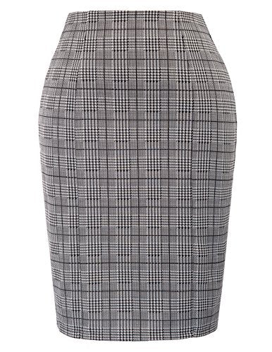 Kate Kasin Womens Knee Length Elastic Waist Stretchy Bodycon Plaid Business Pencil Skirt