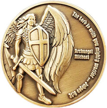 Load image into Gallery viewer, Archangel Saint Michael Coin, Bulk Pack of 10 Antique Gold Plated Challenge Protection Coins, The Lord is with You Mighty Warrior, Judges 6:12 and No Harm Will Overtake You, Psalm 91 Gift
