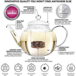 Teabloom Stovetop & Microwave Safe Glass Teapot (40 OZ / 1.2 L) with Removable Loose Tea Glass Infuser – Includes 2 Blooming Teas – 2-in-1 Tea Kettle and Tea Maker (Holds 4-5 Cups)