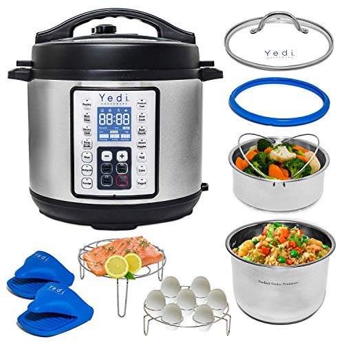 Yedi 9-in-1 Total Package Instant Programmable Pressure Cooker, 6 Quart, Deluxe Accessory kit, Recipes, Pressure Cook, Slow Cook, Rice Cooker, Yogurt Maker, Egg Cook, Sauté, Steamer, Stainless Steel