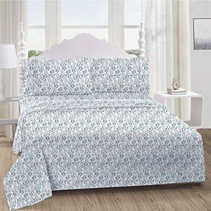 Softan King Bed Sheet Set, 4 PC Green Leaves Printed Brushed Microfiber Elegant Bedding Set, 1 Flat Sheet,1 Deep Pocket Fitted Sheet, and 2 Pillow Cases, Breathable & Silky Soft Feeling Sheets