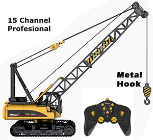 Top Race 15 Channel Remote Control Crane, Proffesional Series, 1:14 Scale - Battery Powered RC Construction Toy Crane with Heavy Metal Hook (TR-214)