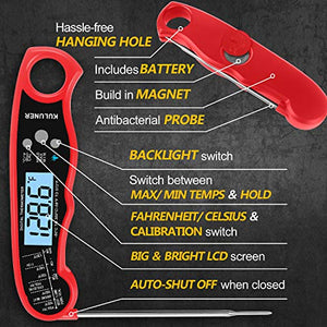 KULUNER TP-01 Waterproof Digital Instant Read Meat Thermometer with 4.6” Folding Probe Backlight & Calibration Function for Cooking Food Candy, BBQ Grill, Liquids,Beef（Red）