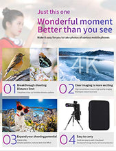 Load image into Gallery viewer, Phone Camera Lens Phone Lens 22X Telephoto Lens, 4K HD 0.67X Super Wide Angle Lens&amp;25X Macro Lens, 205° Fisheye Lens, Work as Telescope with Metal Tripod

