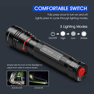 High-Powered LED Flashlight S2000, RECHOO Upgraded Powerful 2000 High Lumens Flashlights with 3 Modes, Zoomable, Water Resistant Flash Light for Camping, Outdoor, Emergency, Hiking