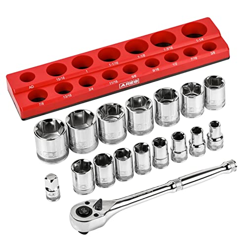 ARES 47008-18-Piece 1/2-inch Drive SAE Socket and 90-Tooth Ratchet Set with Magnetic Organizer - Sizes 3/8-Inch to 1 1/4-Inch Sockets