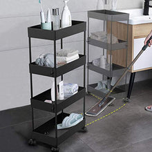 Load image into Gallery viewer, AOJIA 4 Tier Utility Cart, Bathroom Storage Cart Organizer Mobile Shelf Units Black Bathroom Cart with Wheels for Bathroom, Bedroom, Kitchen Laundry Narrow Places
