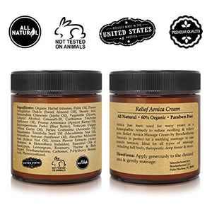 Relief Arnica Cream – Enriched with Lemongrass, Eucalyptus & Rosemary Essential Oils – All Natural Massage Lotion for Sore Muscles & Stiffness. Perfect for Massage Therapy by Brookethorne Naturals
