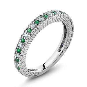 Gem Stone King 925 Sterling Silver Green Simulated Emerald and White Created Sapphire Anniversary Wedding Band Ring For Women (0.48 Cttw, Available 5,6,7,8,9) (Size 7)