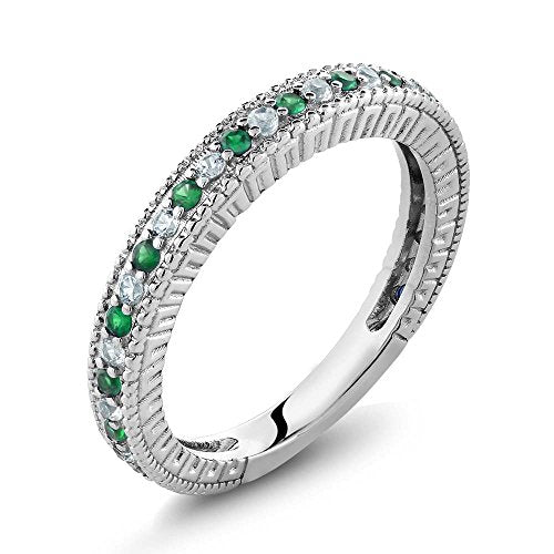 Gem Stone King 925 Sterling Silver Green Simulated Emerald and White Created Sapphire Anniversary Wedding Band Ring For Women (0.48 Cttw, Available 5,6,7,8,9) (Size 7)