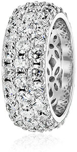 Platinum-Plated Sterling Silver 3 Row Pave Ring set with Round Swarovski Zirconia (3.45 cttw), Size 6