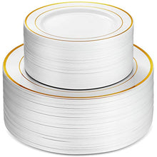 Load image into Gallery viewer, 100 Piece Plastic Party Plates White Gold Rim, 50 Premium Heavy Duty 10.25 Inch Dinner Plates and 50 Disposable 7.5 Inch Dessert Appetizer Elegant Fancy Heavy Duty Wedding Plates
