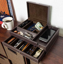 Load image into Gallery viewer, HOUNDSBAY Admiral Big Dresser Valet Box &amp; Mens Jewelry Box Organizer with Large Smartphone Charging Station (Dark Brown)

