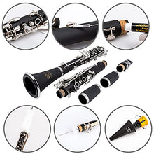 Load image into Gallery viewer, Glory Clarinet GLY-PBK Professional Ebonite Bb Clarinet with 10 Reeds, Stand, Hard Case, Cleaning Cloth, Cork Grease, Mouthpiece Brush and Pad Brush, Black
