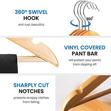 Load image into Gallery viewer, High-Grade Wooden Suit Hangers (20 Pack) - Smooth Finish Solid Wood Coat Hanger with Non Slip Pants Bar, 360° Swivel Hook and Precisely Cut Notches for Camisole, Jacket, Pant, Dress Clothes Hangers
